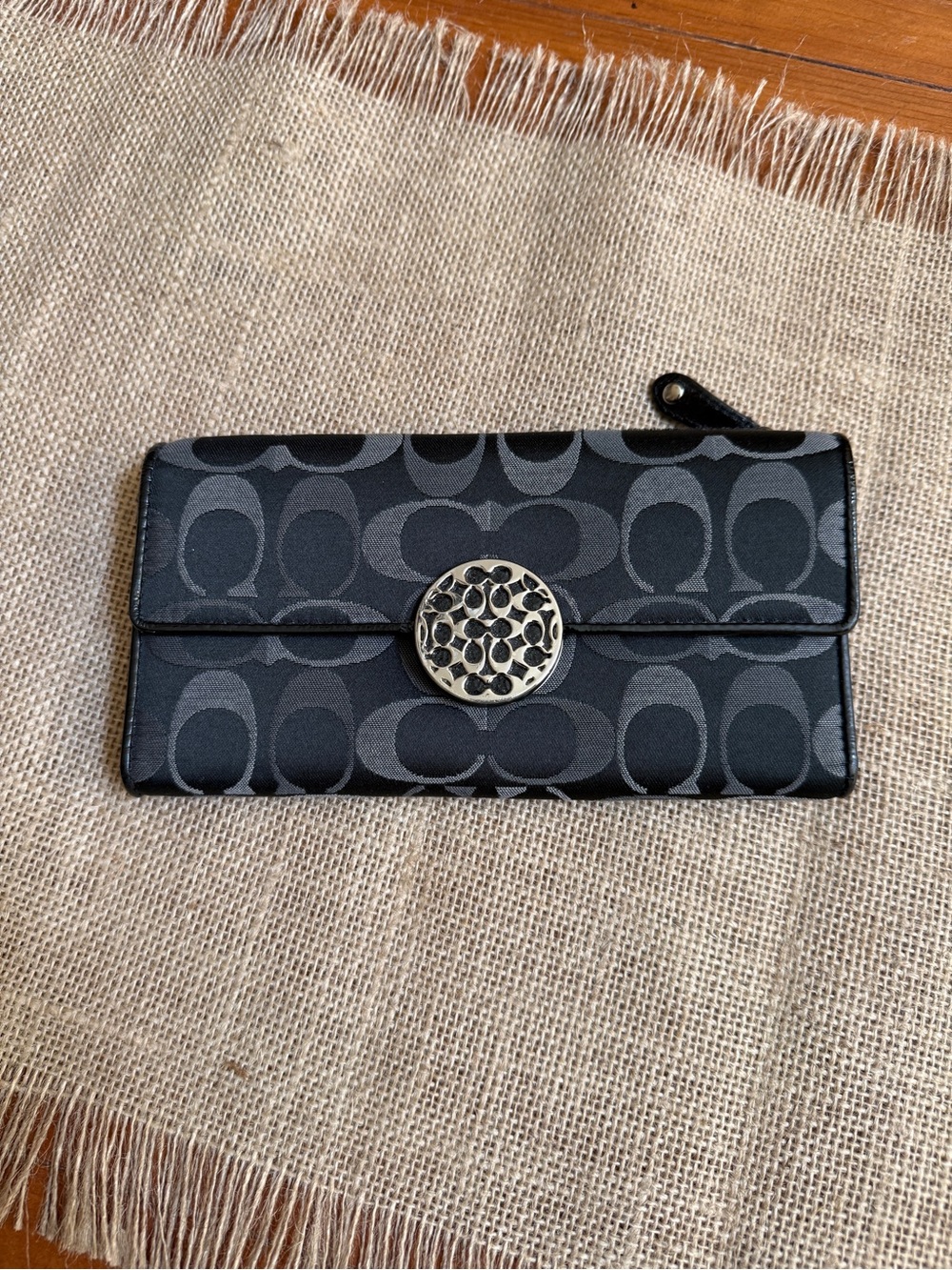 Coach Black Signature Jacquard Snap Wallet with Silver Medallion